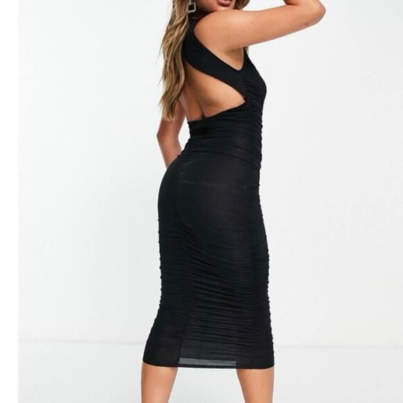 ASOS DESIGN High-Necked Double Ruched Midaxi Dress Black Open Back - Sz 4 - NWT - Picture 2 of 3